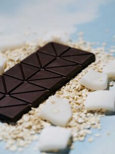 Close-up of oat milk mushroom chocolate bar with out wrapper